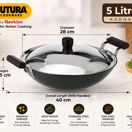 Hawkins Futura Hard Anodised Deep Fry Pan 2.5L 3.75L 5L 7.5L Stainless Steel Lid