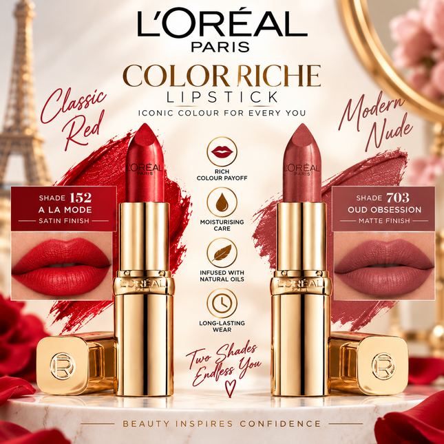 L'Oréal Paris Color Riche Lipstick Satin & Matte Finish Rich Lip Colour Makeup Collection