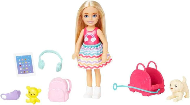 Barbie Chelsea Travel Set – Small Blonde Doll with Puppy, Pet Carrier, Opening Backpack & 6 Travel Accessories – HJY17