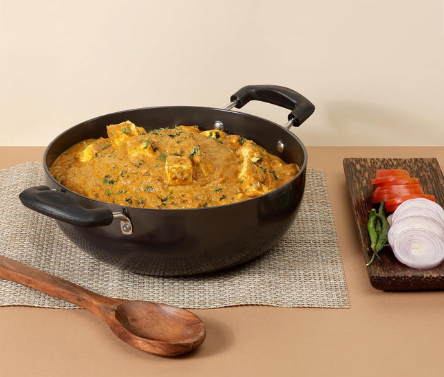 Vinod Black Pearl Hard Anodized Deep Kadai with Glass Lid Heavy Duty Aluminium Kadhai Gas & Induction Compatible Metal Spoon Safe Non-Stick Cooking | Sizes: 18cm, 20cm, 22cm, 24cm, 26cm