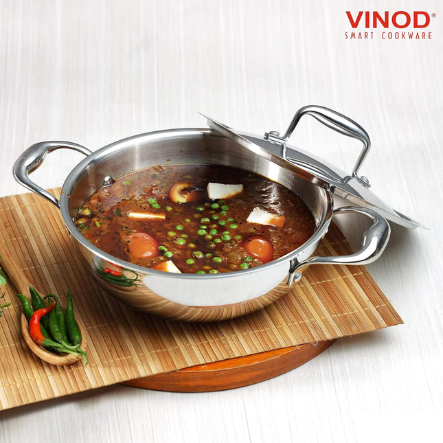Vinod Platinum Triply Stainless Steel Deep Kadai with Lid Heavy Duty Tri-Ply SS Kadhai Induction & Gas Compatible Even Heat Distribution Mirror Finish | Sizes: 26cm, 28cm, 30cm