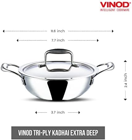 Vinod Platinum Triply Stainless Steel Kadai with Lid Heavy Duty Tri-Ply SS Kadhai Induction & Gas Compatible Even Heat Distribution Durable Mirror Finish | Sizes: 18cm, 20cm, 22cm, 24cm, 26cm