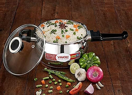 Vinod Stainless Steel Pressure Cooker Handi with Glass Lid Induction Base Cooker Heavy Duty Pressure Cookware Durable & Fast Cooking | Sizes: 1.5L, 2.5L, 3.5L, 5.5L