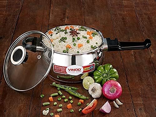 Vinod Stainless Steel Pressure Cooker Handi with Glass Lid Induction Base Cooker Heavy Duty Pressure Cookware Durable & Fast Cooking | Sizes: 1.5L, 2.5L, 3.5L, 5.5L