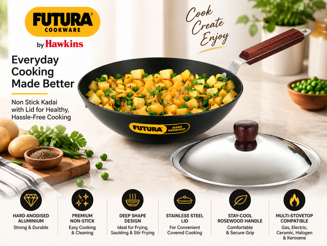 Hawkins Futura 2.5L Hard Anodised Deep Fry Pan Kadai with Stainless Steel Lid