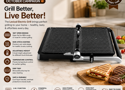 Lexical Contact Grills Collection | Contact Grill 2000W Panini Press | Sandwich Grill | Electric Grill | Countertop Grill