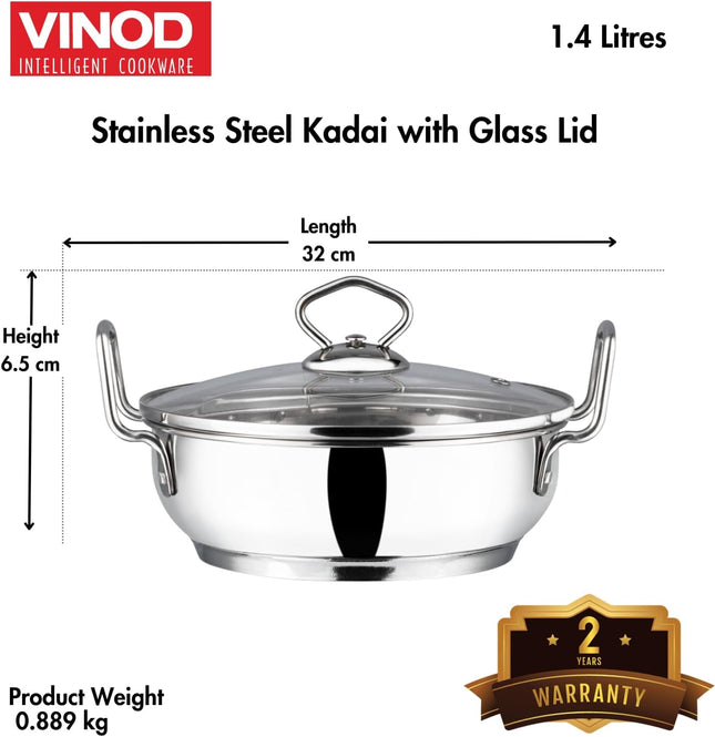 Vinod Stainless Steel Kadai with Glass Lid