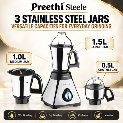 Preethi Steele 550W Indian Mixer Grinder Mixie 110V 3 Stainless Steel Jars Dosa Chutney Spices Masala Cooking