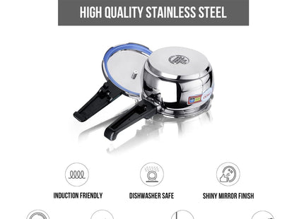 Vinod Stainless Steel Pressure Cooker Handi with Glass Lid Induction Base Cooker Heavy Duty Pressure Cookware Durable & Fast Cooking | Sizes: 1.5L, 2.5L, 3.5L, 5.5L