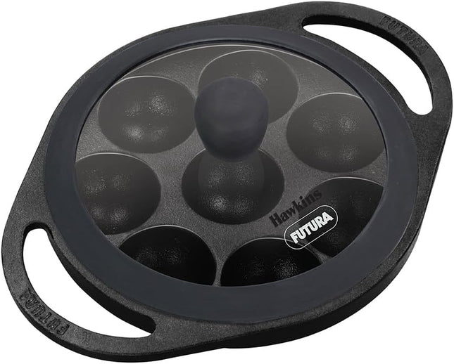 Hawkins Futura Cast Iron Appe Pan (Paniyaram Pan), 16 cm, 8 Cups, with Glass Lid, Black