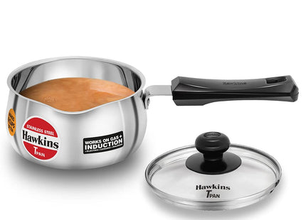 HAWKINS 1 , 1.5 , 2 Litre Stainless Steel TPan with Glass Lid Induction Saucepan Steel Utensil Silver