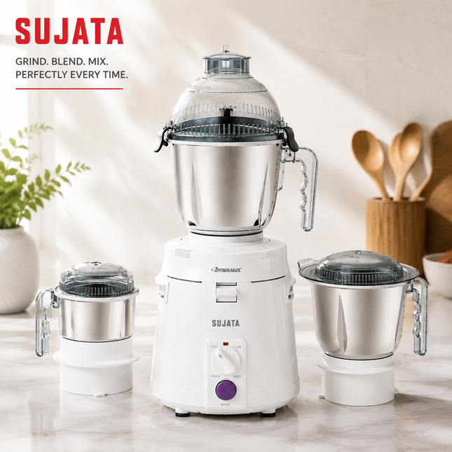 Sujata Dynamix 900W Indian Mixer Grinder with 3 Stainless Steel Jars for Wet Dry Grinding Chutney and Masala