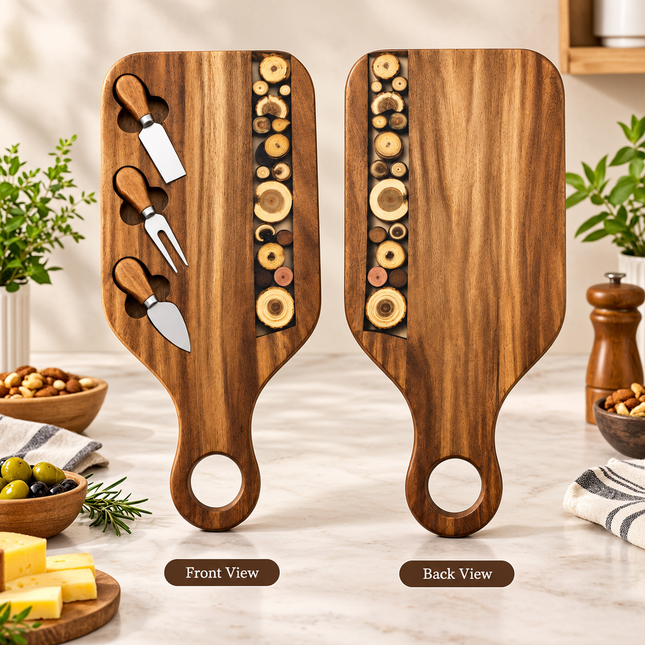 Acacia Wood Resin Serving Board Set Appetizer Platter + Knife Set Charcuterie Board Handle Cheese Dessert Handmade