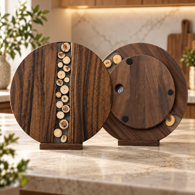 Wooden Serving Board, Lazy Susan Turntable Marble Resin Cheese Charcuterie Platter Chopping Board Kitchen Dining