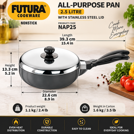 Hawkins Futura Non Stick 2.5L 3L Pan Lid Hard Anodised Aluminium Deep Frying