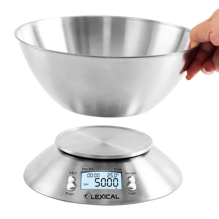 Lexical Germany Digital Kitchen Scale 5kg Food Weighing Stainless Steel Bowl LCD Display Timer & Temperature Sensor