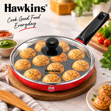 Hawkins Non Stick Appe Pan 20cm 24cm 12 Cup Paniyaram Pan Glass Lid