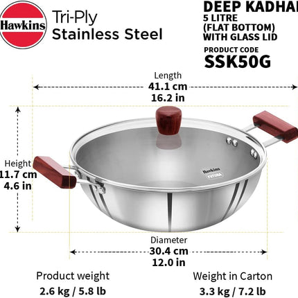 Hawkins Tri Ply Stainless Steel Deep Kadhai 4L 5L Glass Lid Induction Compatible
