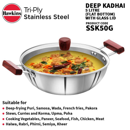 Hawkins Tri Ply Stainless Steel Deep Kadhai 4L 5L Glass Lid Induction Compatible