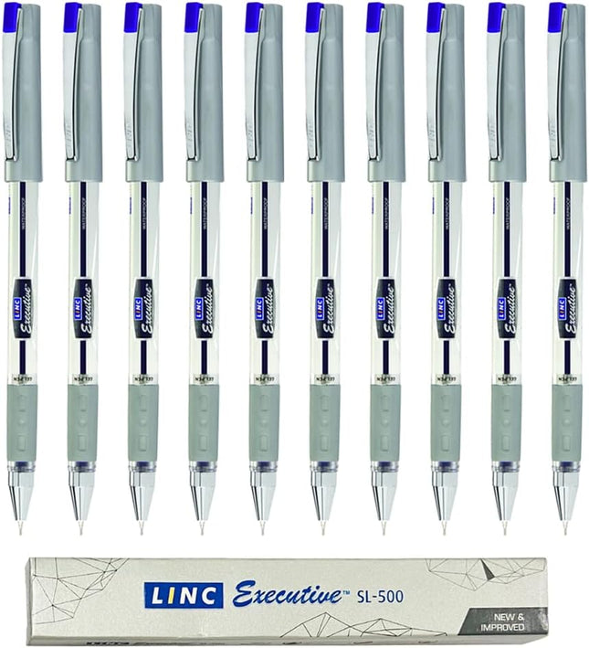 Linc Executive SL-500 Gel Pens, BLUE, Fine Point (0.55mm), Pack of 10, Comfortable Elastomeric Rubber Grip, Lubriflow Ink System, School Office Home Pens