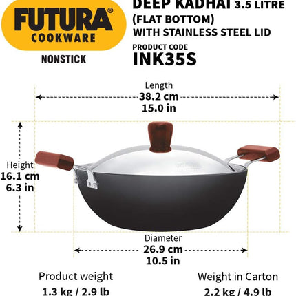 Hawkins Futura Hard Anodised Non Stick Deep Kadhai 3.5L 5L Induction Compatible Flat Bottom Cooking Pan