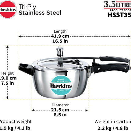 Hawkins Triply Stainless Steel Pressure Cooker 1.5L 2.5L 3.5L 4.5L 7L 3mm Steel Inner Lid Induction Compatible