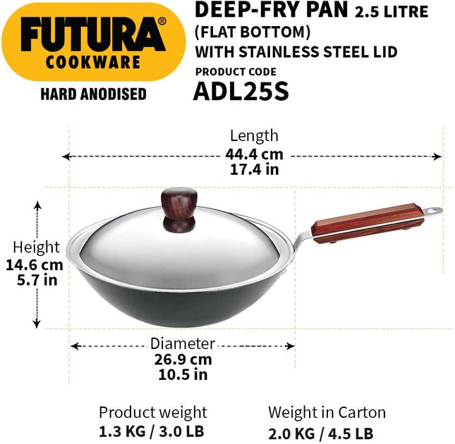 Hawkins Futura 2.5L Hard Anodised Deep Fry Pan Kadai with Stainless Steel Lid