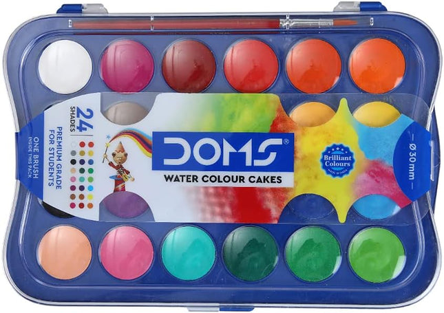 Doms 24 Shades 30mm Water Colour Cakes | Easy To Use Palette Lid | Organic Rich Colour Pigments | Free Brush Inside | Non-Toxic & Safe For Kids | Pack of 1