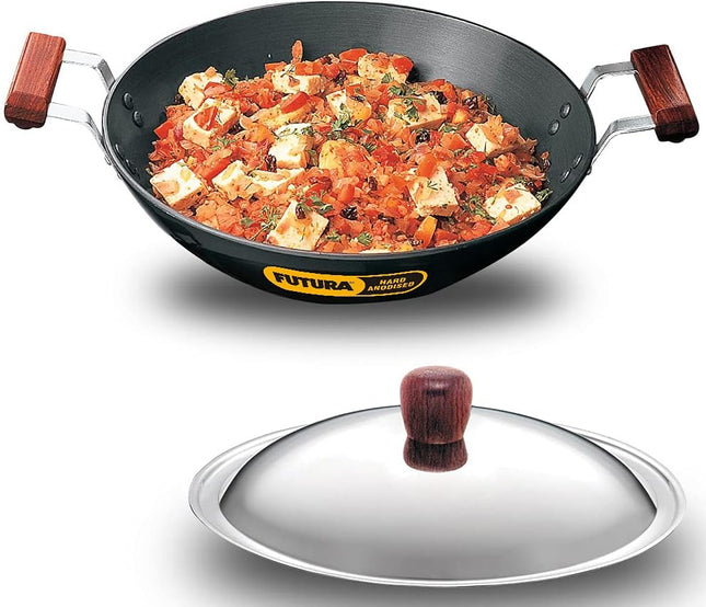 Hawkins Futura Hard Anodised Deep Fry Pan Collection – 2.5L, 3.75L, 5L & 7.5L Flat Bottom Kadai with Stainless Steel Lid, Black