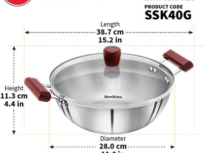 Hawkins Tri-Ply Stainless Steel Induction Compatible Deep Kadhai (Deep-Fry Pan) with Glass Lid, Capacity 4 / 5 Litre, Diameter 28 cm, Thickness 3 mm, Silver
