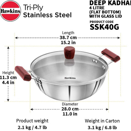 Hawkins Tri Ply Stainless Steel Deep Kadhai 4L 5L Glass Lid Induction Compatible
