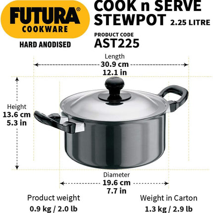 Hawkins Futura Hard Anodised Stewpot 2.25L 5L Aluminium Cookware + Lid