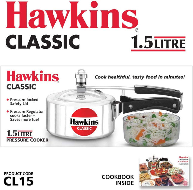 Hawkins Classic Aluminium Pressure Cooker – Silver, Manual Pressure Regulation | 1.5L to 10L