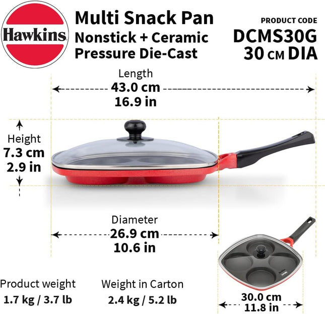 Hawkins 30cm Multi Snack Pan Non Stick Mini Uttapam Pan + Glass Lid