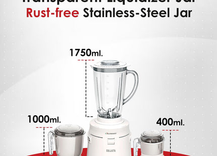 Sujata Supermix 900W Indian Mixer Grinder - 3 Stainless Steel Jars, Heavy Duty Mixie for Dosa Batter, Chutney & Masala Grinding, Indian Plug + International Converter