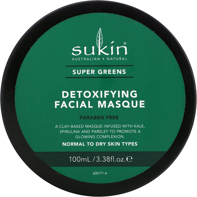 Sukin Super Greens Detoxifying Clay Facial Masque 100ml Natural Face Mask, Deep Cleansing & Brightening, With Goji Berry, Avocado & Baobab, Vegan & Cruelty-Free
