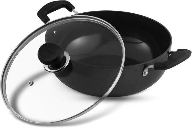 Vinod Black Pearl Hard Anodized Deep Kadai with Glass Lid Heavy Duty Aluminium Kadhai Gas & Induction Compatible Metal Spoon Safe Non-Stick Cooking | Sizes: 18cm, 20cm, 22cm, 24cm, 26cm