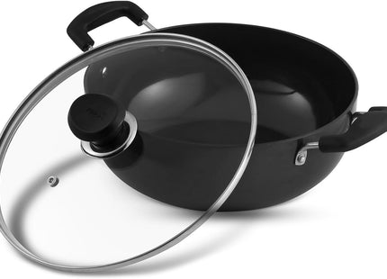 Vinod Black Pearl Hard Anodized Deep Kadai with Glass Lid Heavy Duty Aluminium Kadhai Gas & Induction Compatible Metal Spoon Safe Non-Stick Cooking | Sizes: 18cm, 20cm, 22cm, 24cm, 26cm