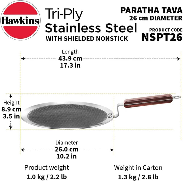 Hawkins Futura Triply Stainless Steel Non Stick Tava 26cm 28cm Shielded Honeycomb Dosa Paratha Pan Induction Compatible
