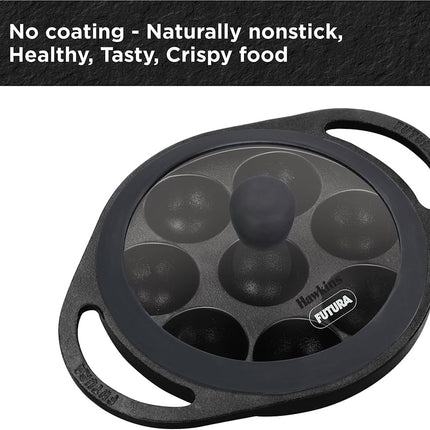 Hawkins Futura Cast Iron Appe Pan 16cm 8 Cup Paniyaram Pan Plus Glass Lid