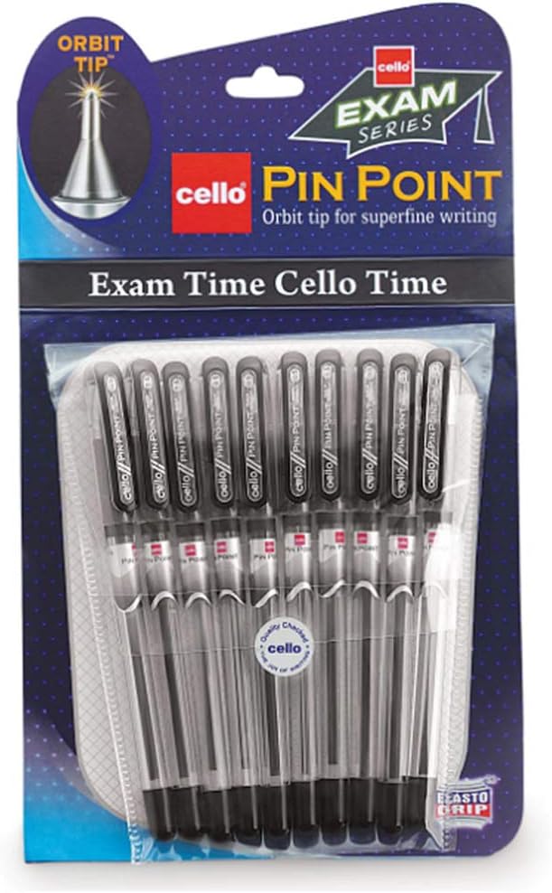 10 X Cello Pinpoint Fine Write Ball Point Pen Black Ink 0.5 Mm Tip