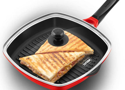 HAWKINS 30 cm Grill Pan, Non Stick Die Cast Grilling Pan with Glass Lid, Square Grill Pan for Gas Stove, Ceramic Coated Pan, Roast Pan (DCGP30G) (Red)