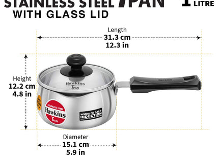 HAWKINS 1 , 1.5 , 2 Litre Stainless Steel TPan with Glass Lid Induction Saucepan Steel Utensil Silver