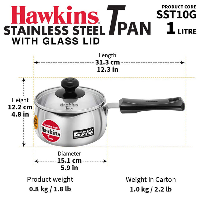 HAWKINS 1 , 1.5 , 2 Litre Stainless Steel TPan with Glass Lid Induction Saucepan Steel Utensil Silver