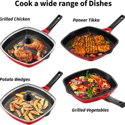 Hawkins Grill Pan 30cm Non Stick Square Ceramic Coated Pan + Glass Lid Sandwich Grilling