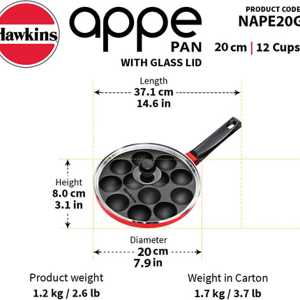 HAWKINS Nonstick Appe Pan with Glass Lid 12 Cups Diameter 20 cm Standard
