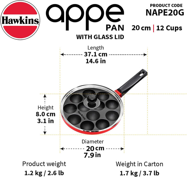 HAWKINS Nonstick Appe Pan with Glass Lid 12 Cups Diameter 20 cm Standard