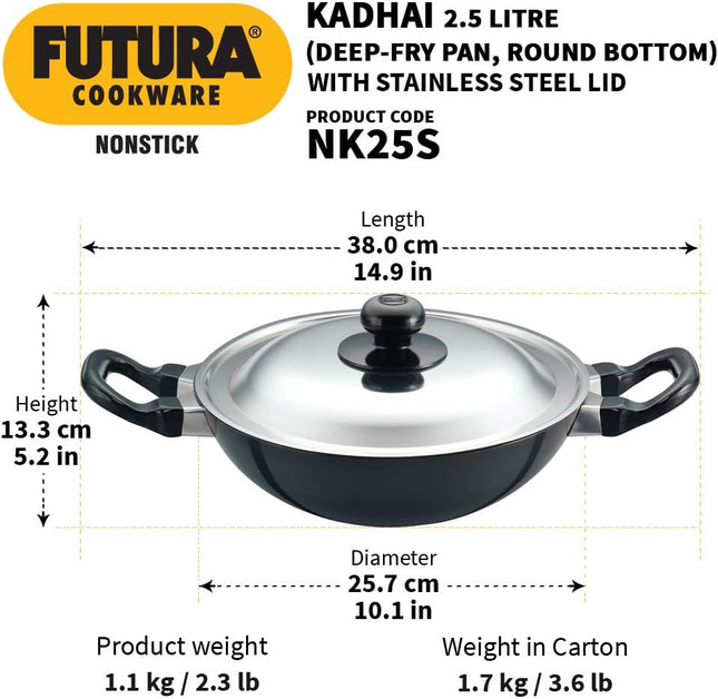 Futura Non-Stick Deep-Fry Pan(Kadhai) 2.5/4-Litre with Steel Lid and Round Bottom