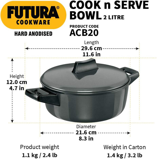 Hawkins Futura Hard Anodised Cook-n-Serve Bowl + Lid – 2L, 3L, 4L, 6L Casserole Pot
