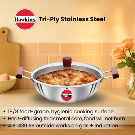 Hawkins Tri Ply Stainless Steel Deep Kadhai 4L 5L Glass Lid Induction Compatible